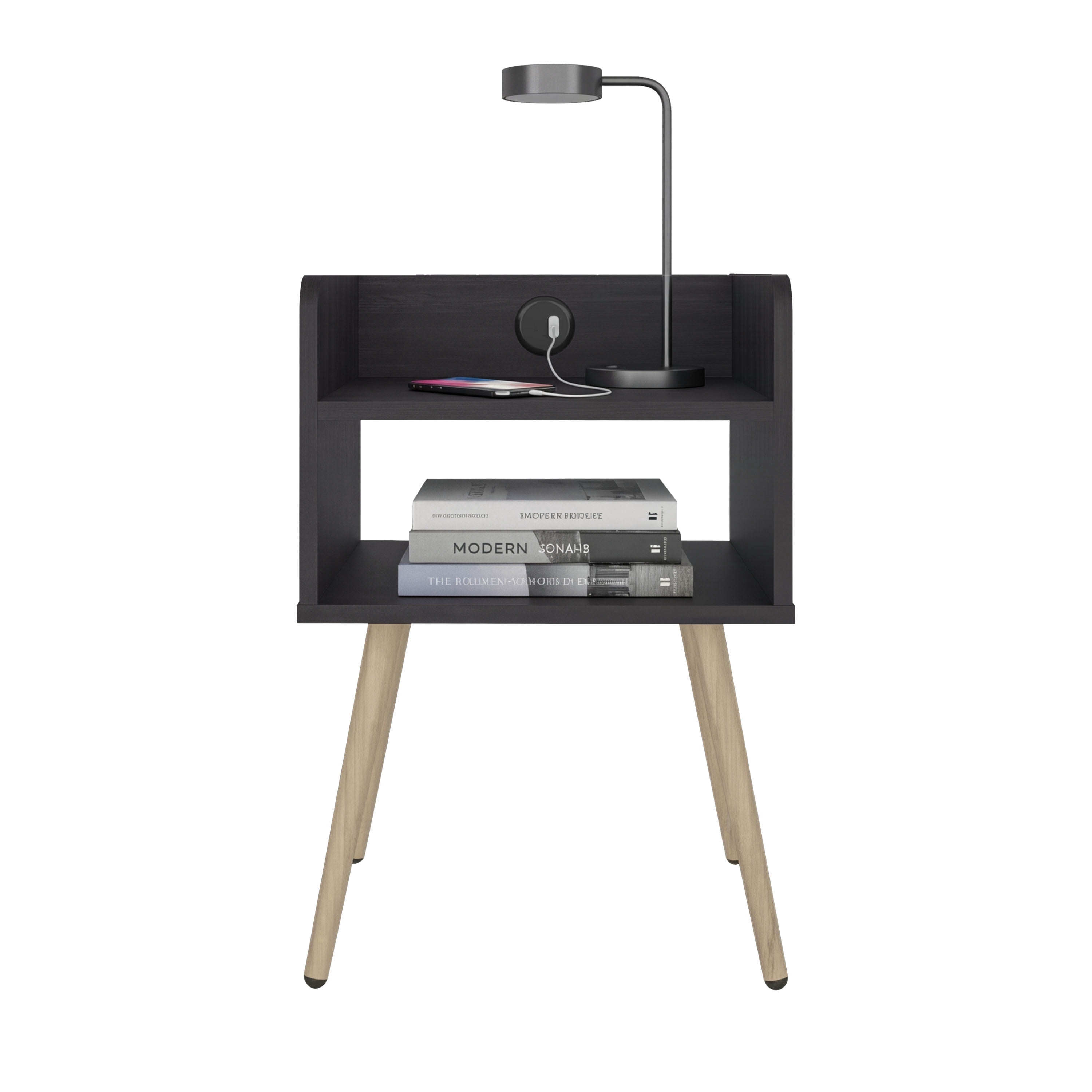 Nightstand with USB Port, 2 Shelves - Black Wengue