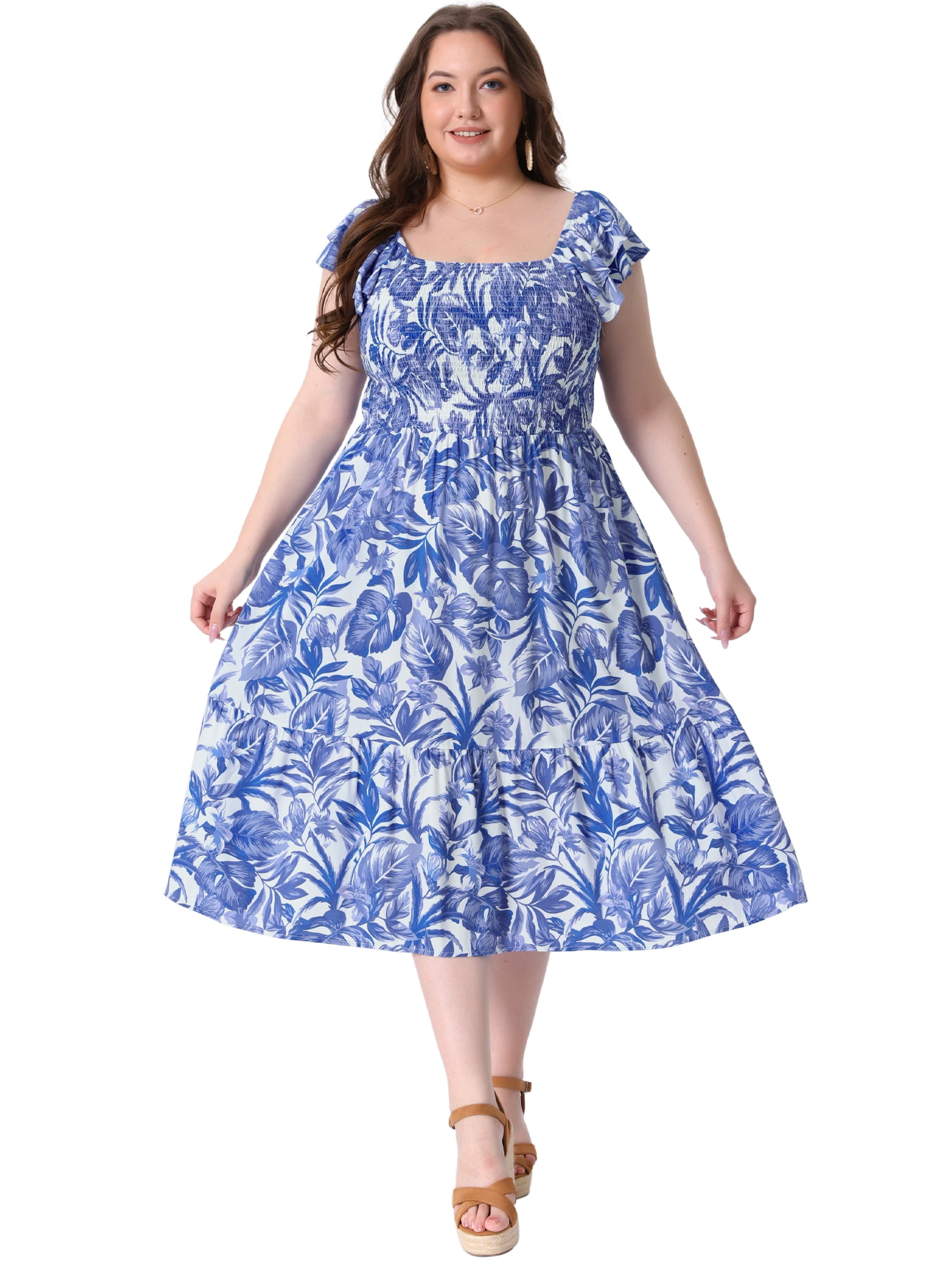 DARING DIVA Women's Plus Size Square Neck and Flutter Sleeves Dress 4X Blue