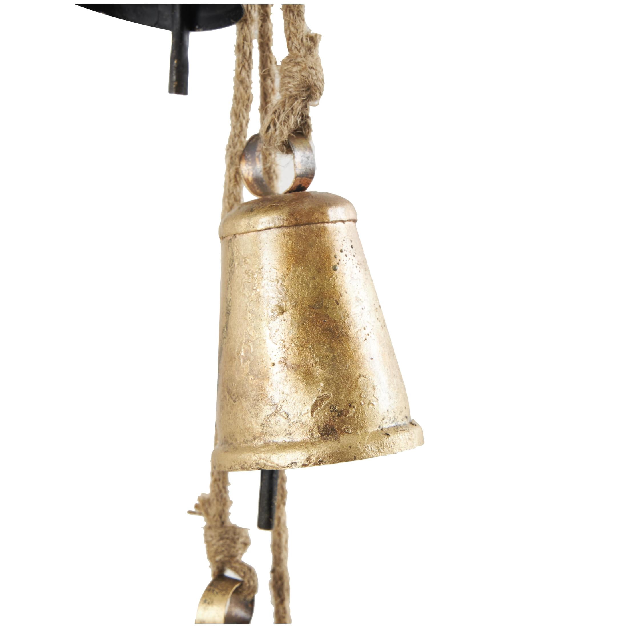 DecMode Tibetan Inspired Cascading Gold Metal Conical Decorative Cow Bells with 4 Bells on Jute Hanging Rope