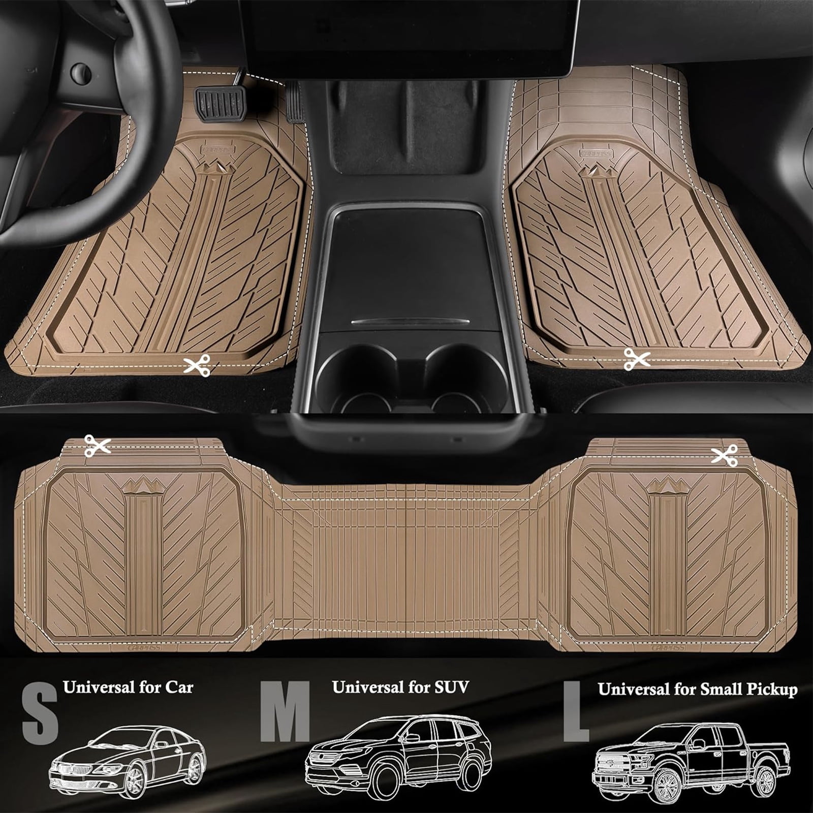 CAR GRAND Heavy Rubber Car Floor Mats, Deep Waterproof Car Mats All Weather, Universal Trim-to Fit Automotive Floor Mats for Car SUV Truck Van, Durable Floor Liners All Beige