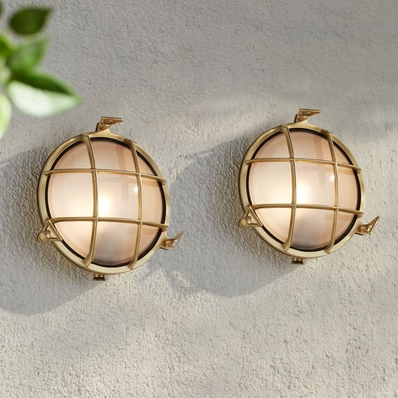 Possini Euro Design Possini Euro Anjali 10"H Brass Bulkhead Outdoor Wall Light Set of 2