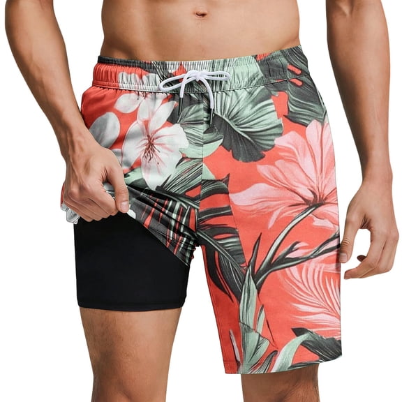 ZToonmas Men's Beach Shorts Casual Hawaiian Printed Drawstring Shorts Swim Trunks with Compression Liner