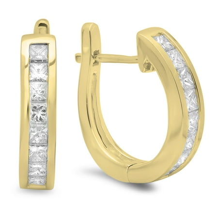 1.00 Carat (ctw) 14K Yellow Gold Princess Cut Diamond Ladies Hoop Earrings 1 CT
