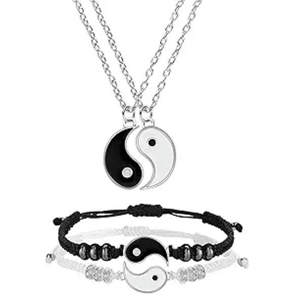 Unisex Yin Yang Woven Bracelet Yin Yang Matching Cord Bracelet Adjustable Couple Bracelet Necklace Set for Birthdays