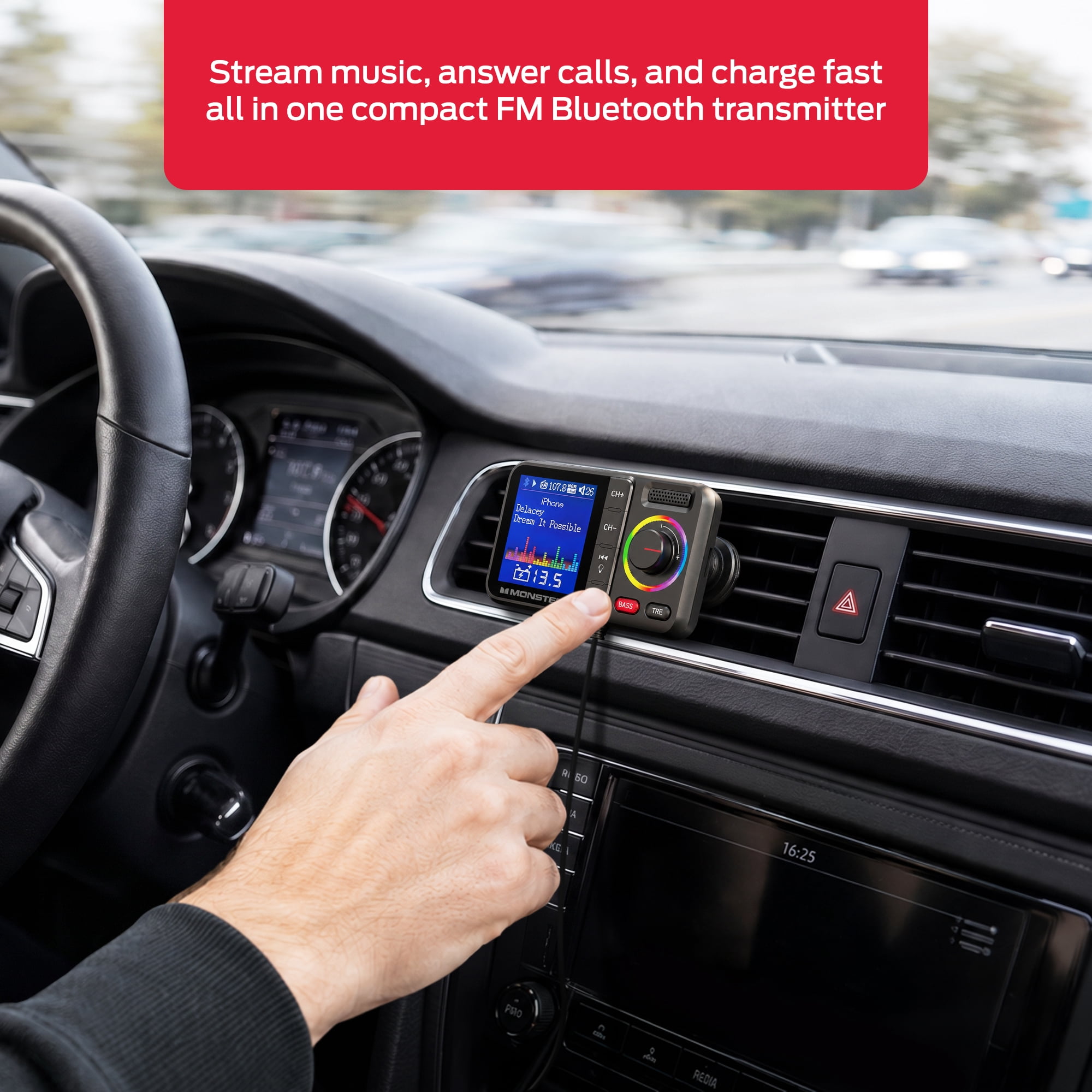 Monster Bluetooth FM Transmitter for Car, 48W Dual USB Fast Charger, PD 30W USB-C & QC 3.0 USB-A, Hands-Free Calling, Wireless Music, AUX USB MicroSD, Adjustable EQ, Vent Clip Mount