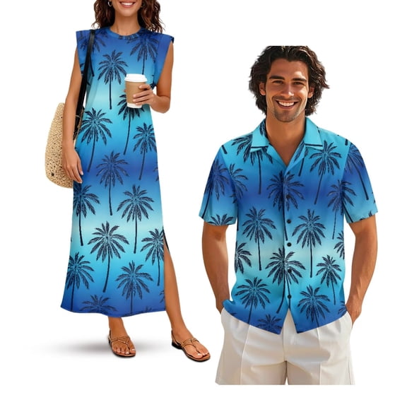 Jeiento Hawaiian His and Hers Matching Outfits Coconut Tree Women's Summer Dress Mens Hawaiian Shirts Button Up Shirt Round Neck Casual Loose Split Long Maxi Dress with Pockets