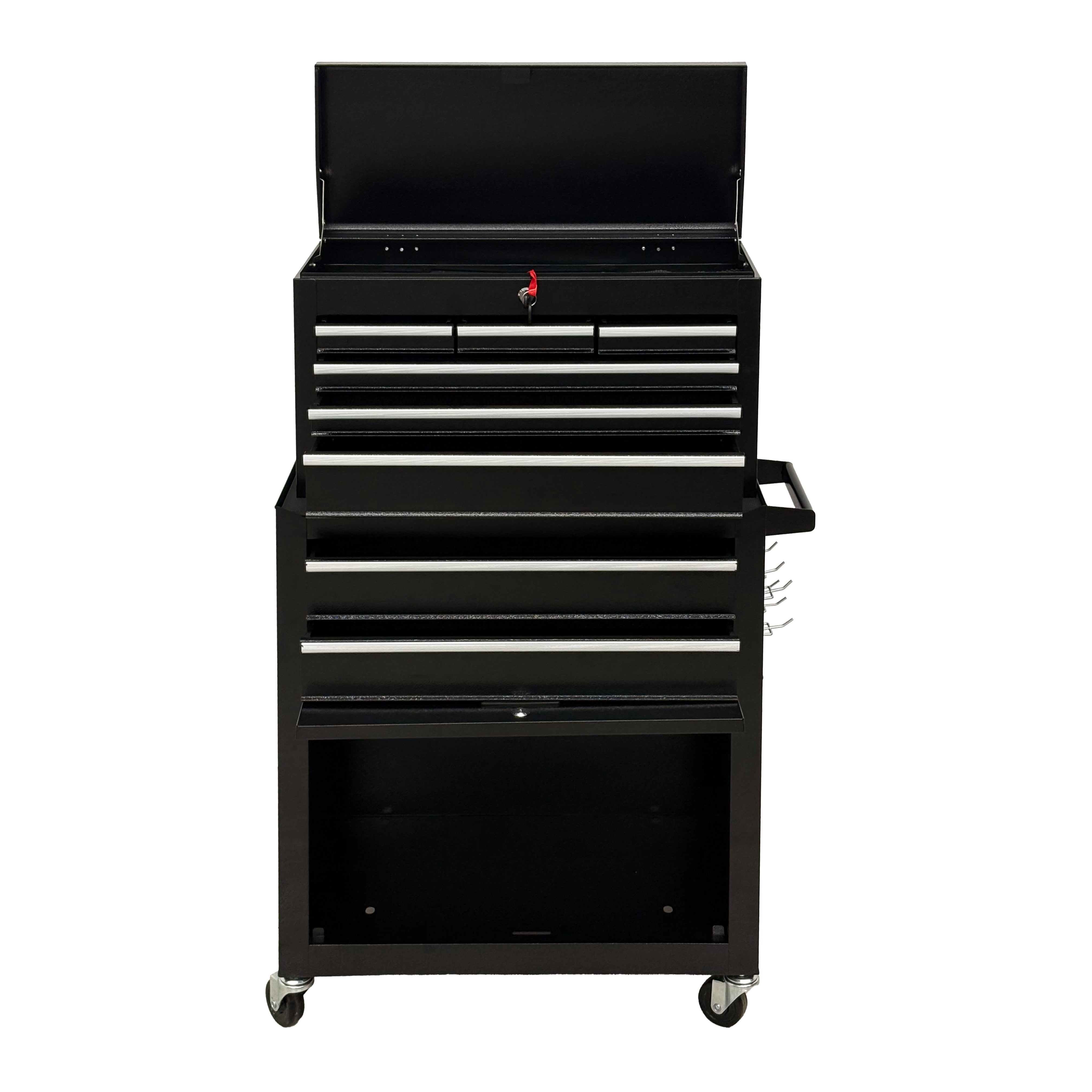 8 Drawer High‑Capacity Rolling Tool Chest, 2‑in‑1 Detachable Top Box,Metal Tool Storage Cabinet with Drawer Liners, Lockable Wheels & Side Hooks, Heavy‑Duty Tool Cart for Garage Workshop, Black