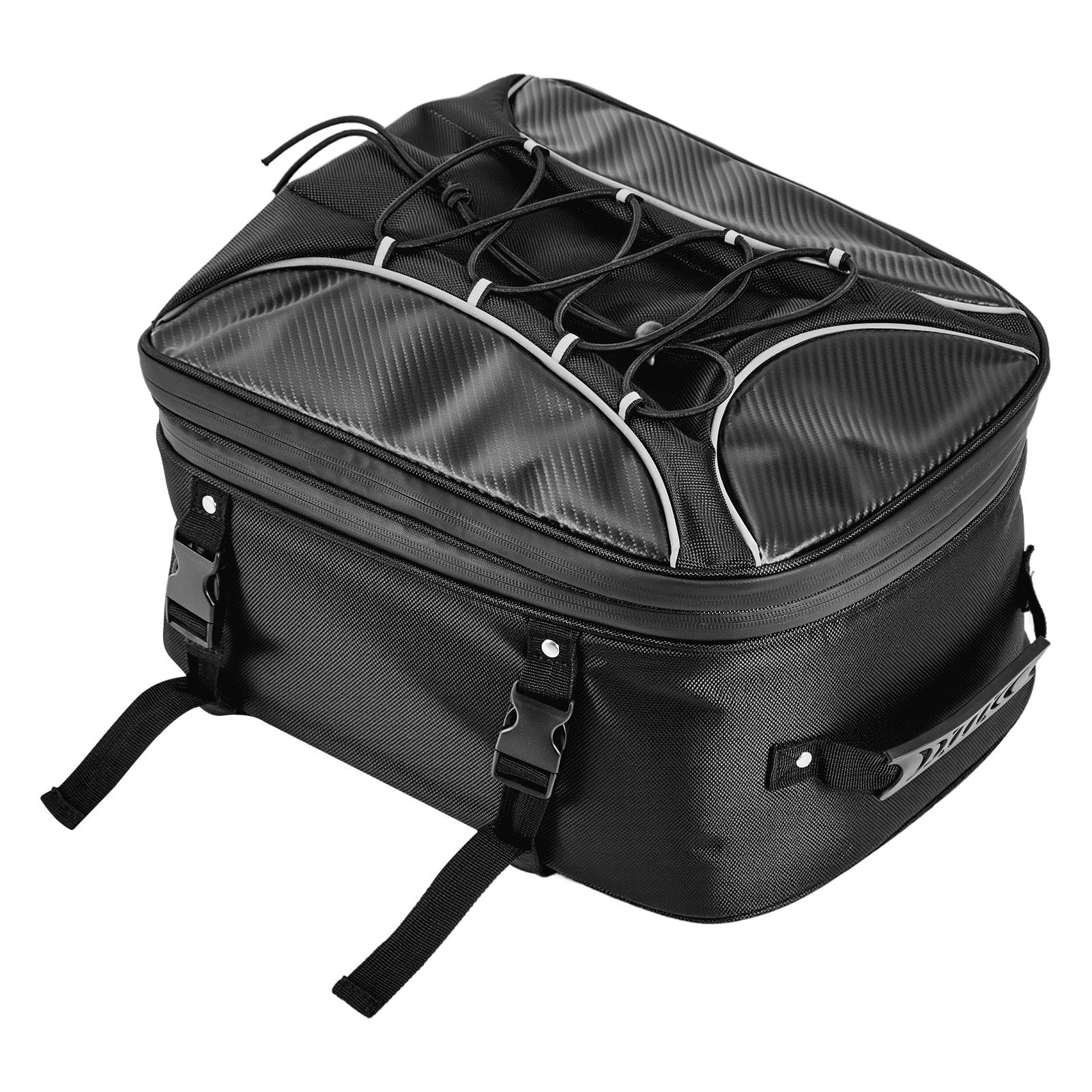 Motorcycle Tail Bag, 22-34 L Expandable Motorcycle Rear Seat Bag with Waterproof Rain Cover, Outdoor Sports Motorbike Luggage Storage Backpack Handbag with Straps, Pocket & Elastic Cord, Black