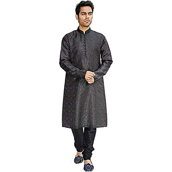 Royal Kurta Men's Black Jacqaurd Silk Kurta Churidar Set