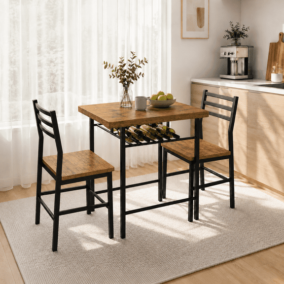 Lacoo 3 Piece Dining Table Set for 2, Small Kitchen Table and 2 Chairs, Space Saving Dining Room Table Set for Apartment, Breakfast Nook, Brown