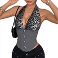 thumbnail image 2 of Top Corto con Cuello Halter y Estampado de Leopardo en Contraste para Mujer, Escote en V Profundo, de Botones, Sin Mangas y Espalda Abierta Gris L, 2 of 10