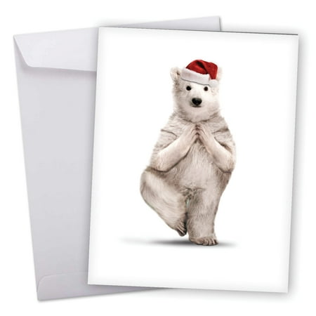 J6547JXSG Extra Large Merry Christmas Greeting Card: 'Yuletide Zoo Yoga' Featuring a Flexible Polar Bear Practicing a Yoga Pose While Wearing a Christmas Hat Greeting Card with Envelope by The Best