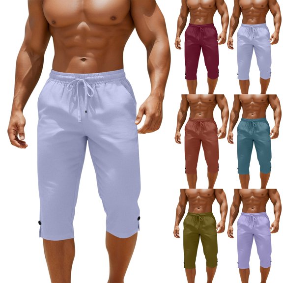 Mifsaly Capri Pants for Men Below Knee Drawstring High Waisted Linen Pants Going Out Summer Casual Beach Vacation Cropped Trousers with Pockets L