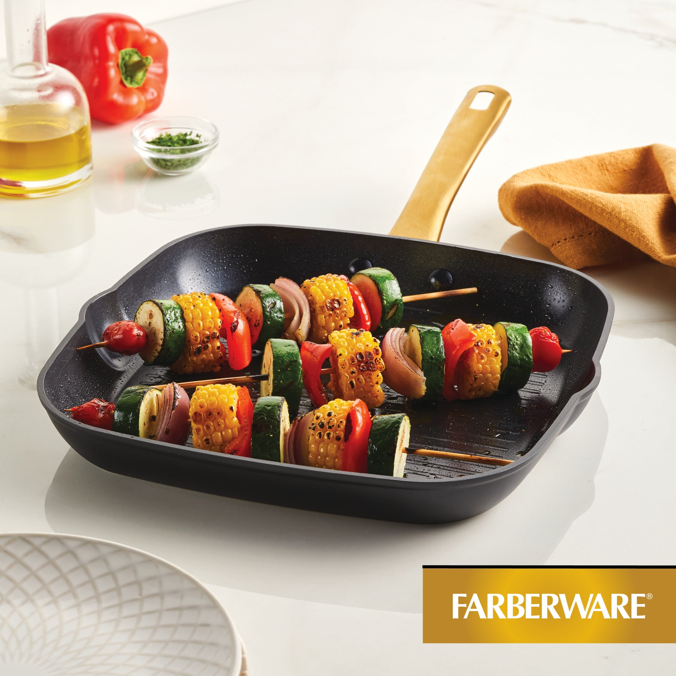 Farberware Forged Induction 11 Inch Ceramic Nonstick Square Grill Pan, Dishwasher Safe and Oven Safe to 500°F, Black