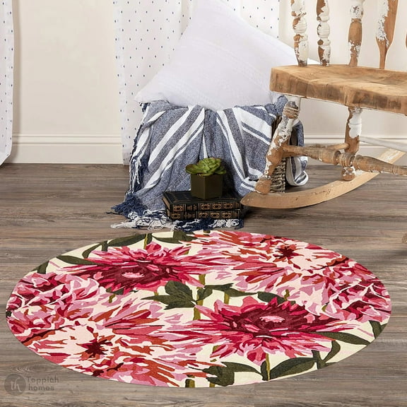 5X5 Wool Rug, Pink Color, Hallway, Living room, Round Carpet, Floral Design, Tufted Rugs