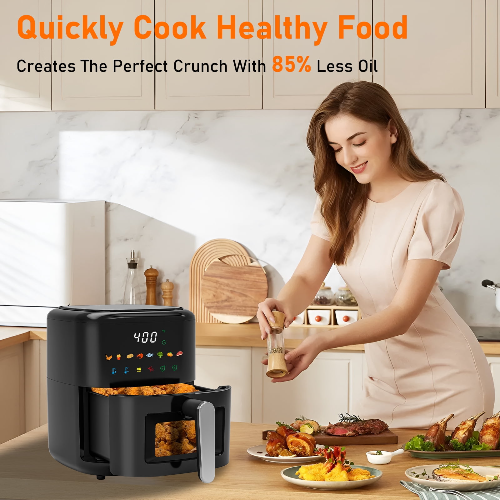 Vaparinckl 5QT Air Fryer, 8-in-1 Electric Hot Oven with Digital Touch Control, Visible Window, Nonstick & Dishwasher Safe Basket, Black