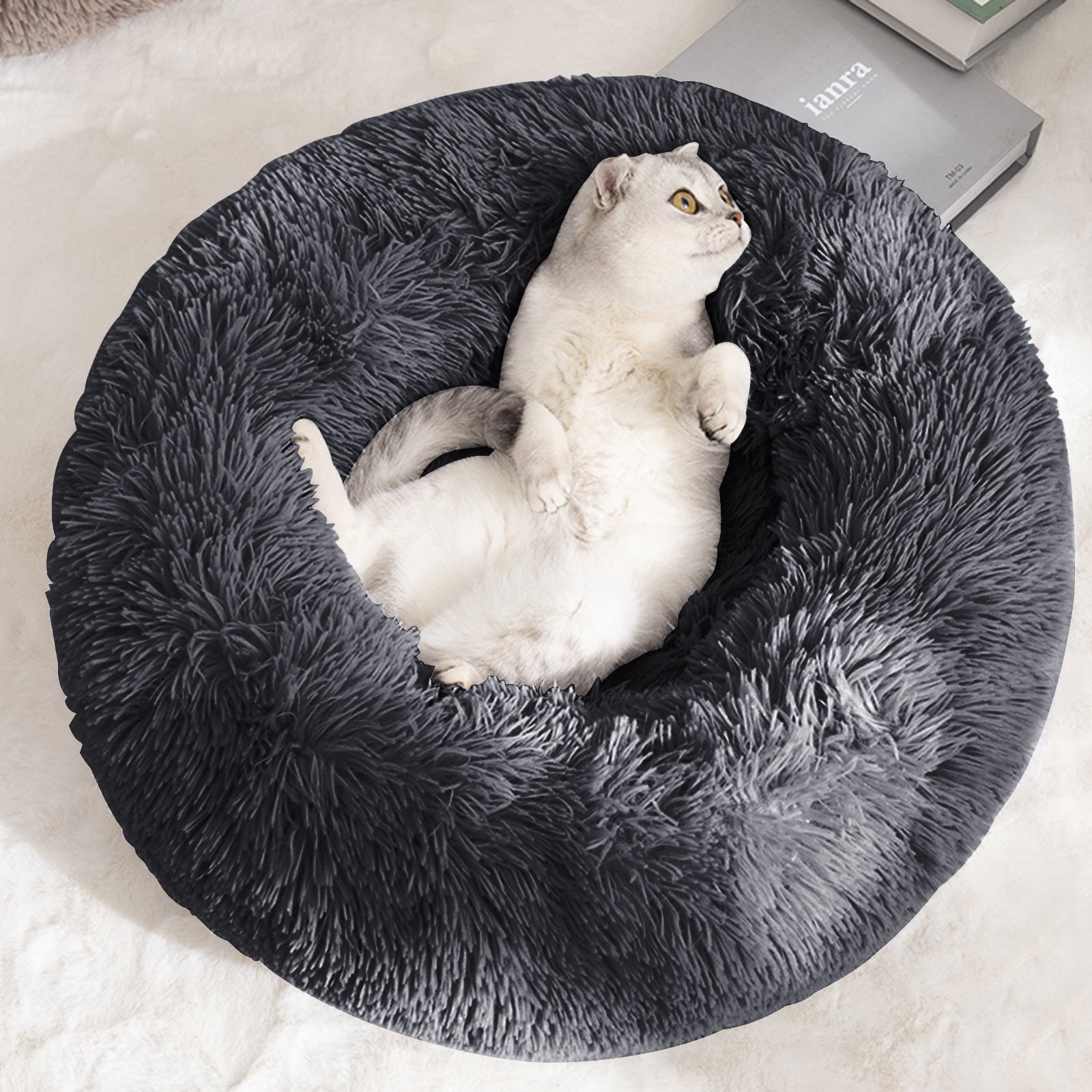 Nisrada Calming Donut Dog Bed Anti-Anxiety, Self Warming, Cozy Soft Plush Round Pet Bed, Ideal for Both Home & Travel, 24"L x 24"W x 8"H