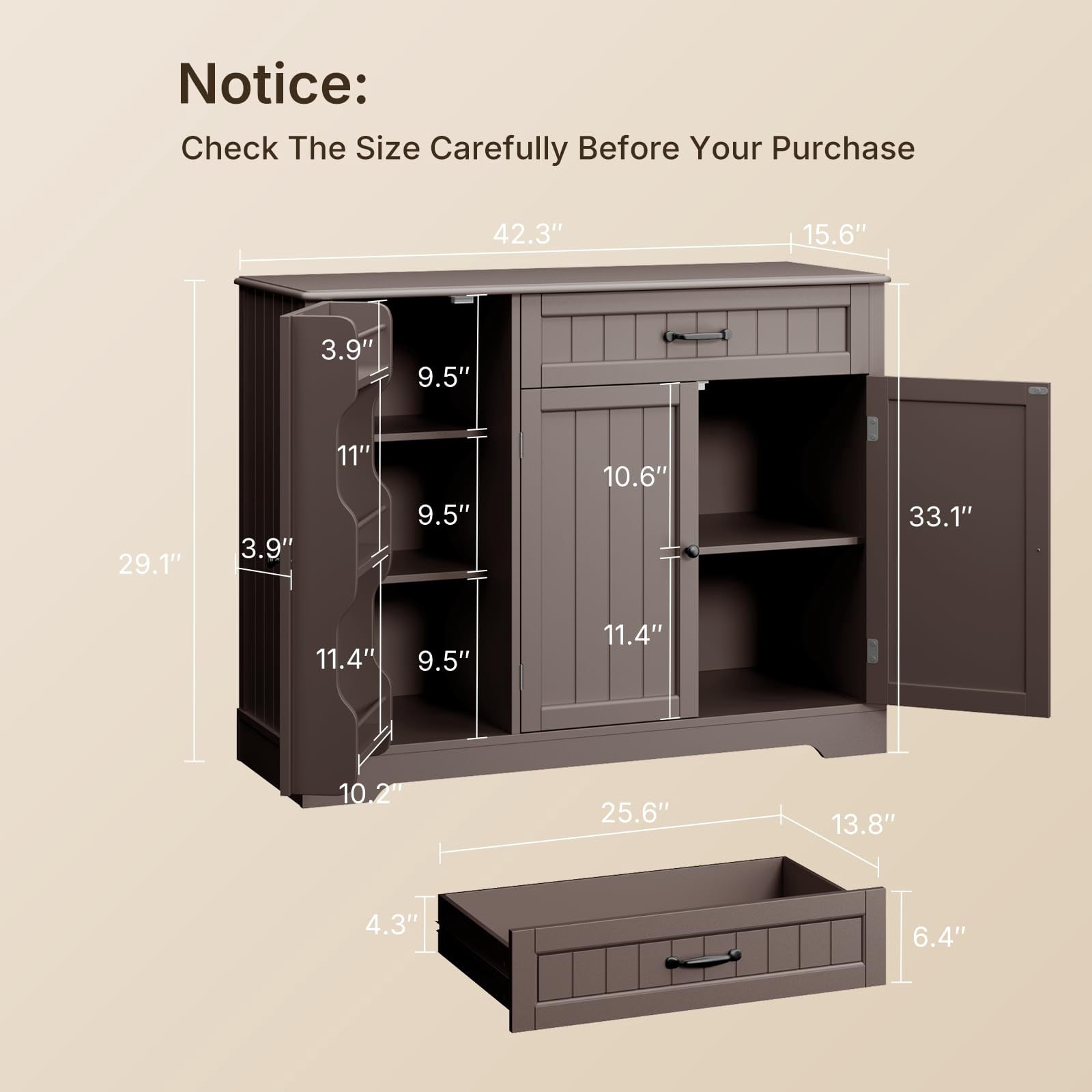 Coffee Bar Cabinet, Lofka 42" Farmhouse Kitchen Storage Sideboard Buffet Cabinet with 8 Shelves & 1 Drawer, Multifunctional Console Table for Dining Living Room Entryway Coffee Station, Dark Brown