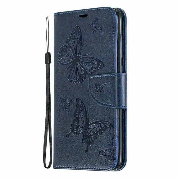 Allytech Galaxy A70 Case, Slim Fit PU Leather Folio Butterfly Embossed Shockproof Wrist Hand Strap Flip Cards Holder Wallet Case TPU Back Cover for Samsung Galaxy A70, Blue