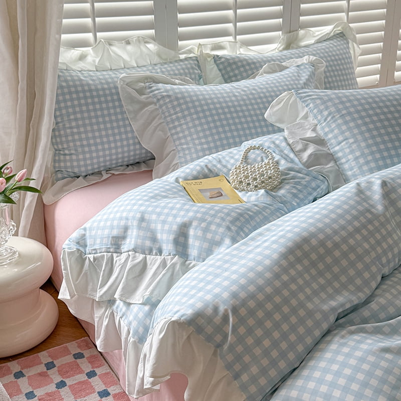 Blue Gingham Ruffle Duvet Cover Queen Size Comforter Cover Set Vintage Plaid Checkered Farmhouse Bedding Set 89"x89" 3 Pieces