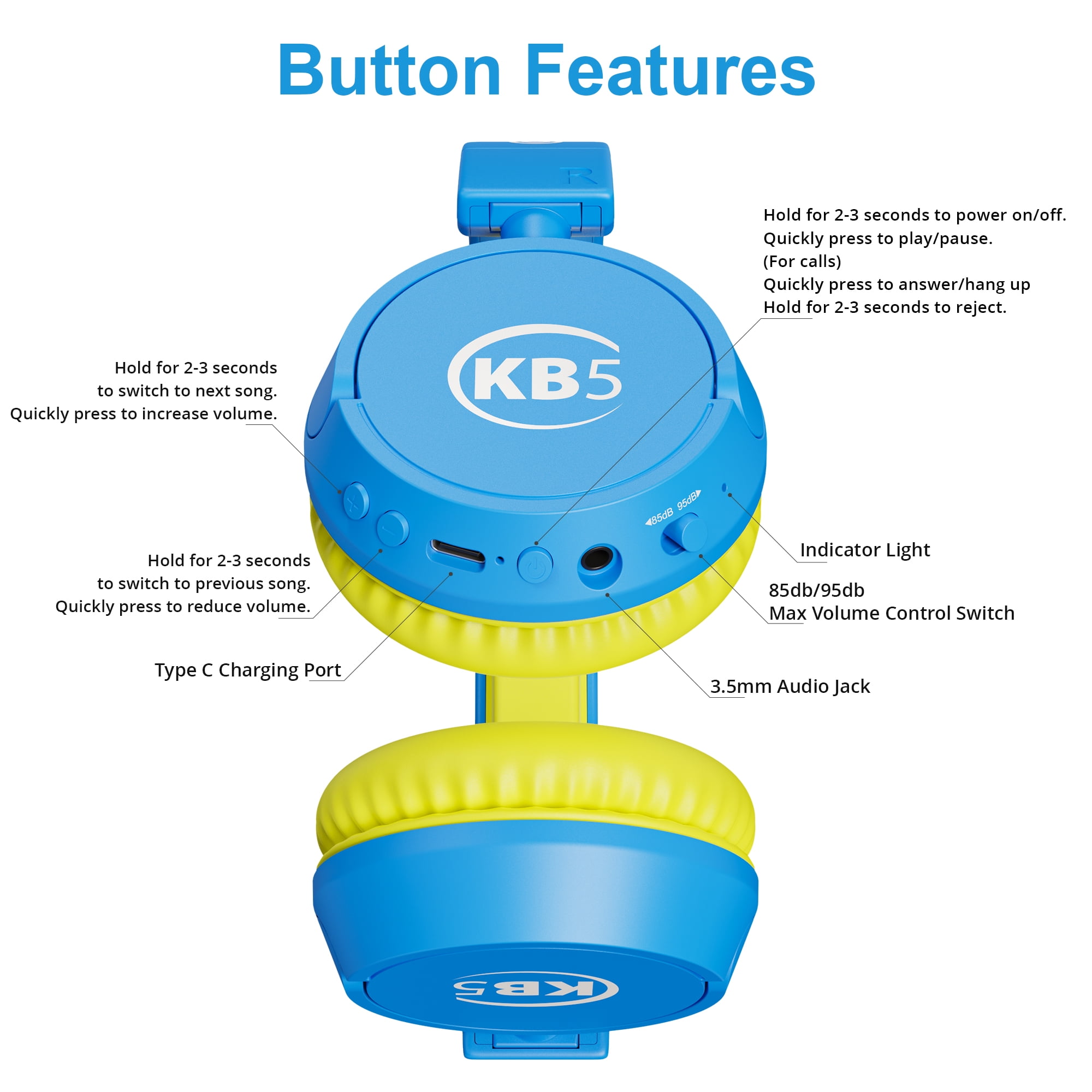 Contixo KB-5 Wireless Kids Headphones, Over-Ear Foldable Bluetooth Headset with 85dB Volume Limit, Blue/Yellow