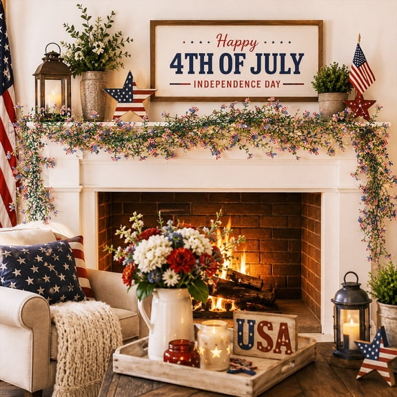 Cififendec 4th of July Artificial Flower Garland, 71", Patriotic American Flag Print Floral Vine for Independence Day, 250th Anniversary, Mantel, Door, Wall Decor