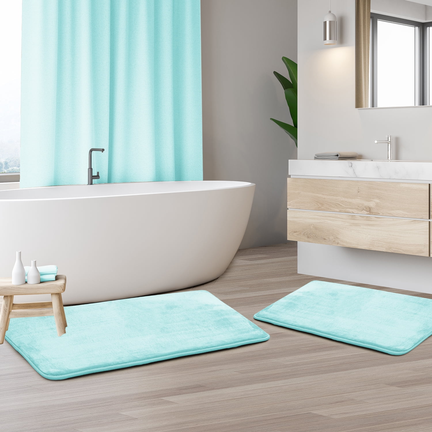 Clara Clark Solid Print Aqua Memory Foam Bath Rug Set, 20" x 32", Machine Washable (2 Count)