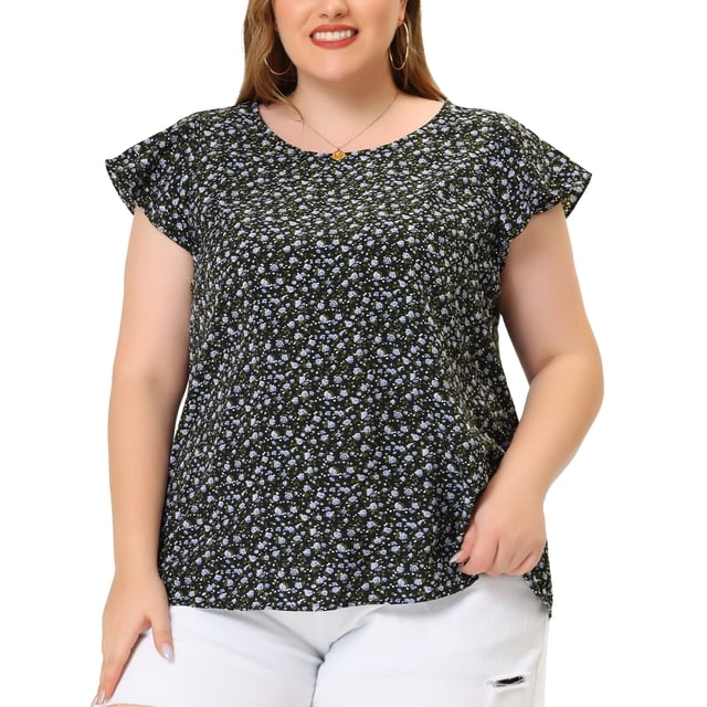 GRACE & GRANDEUR Hauts Floraux Grande Taille pour Femmes Col Rond Manches Courtes Évasées Blouse Décontractée Printemps Été 4X Noir