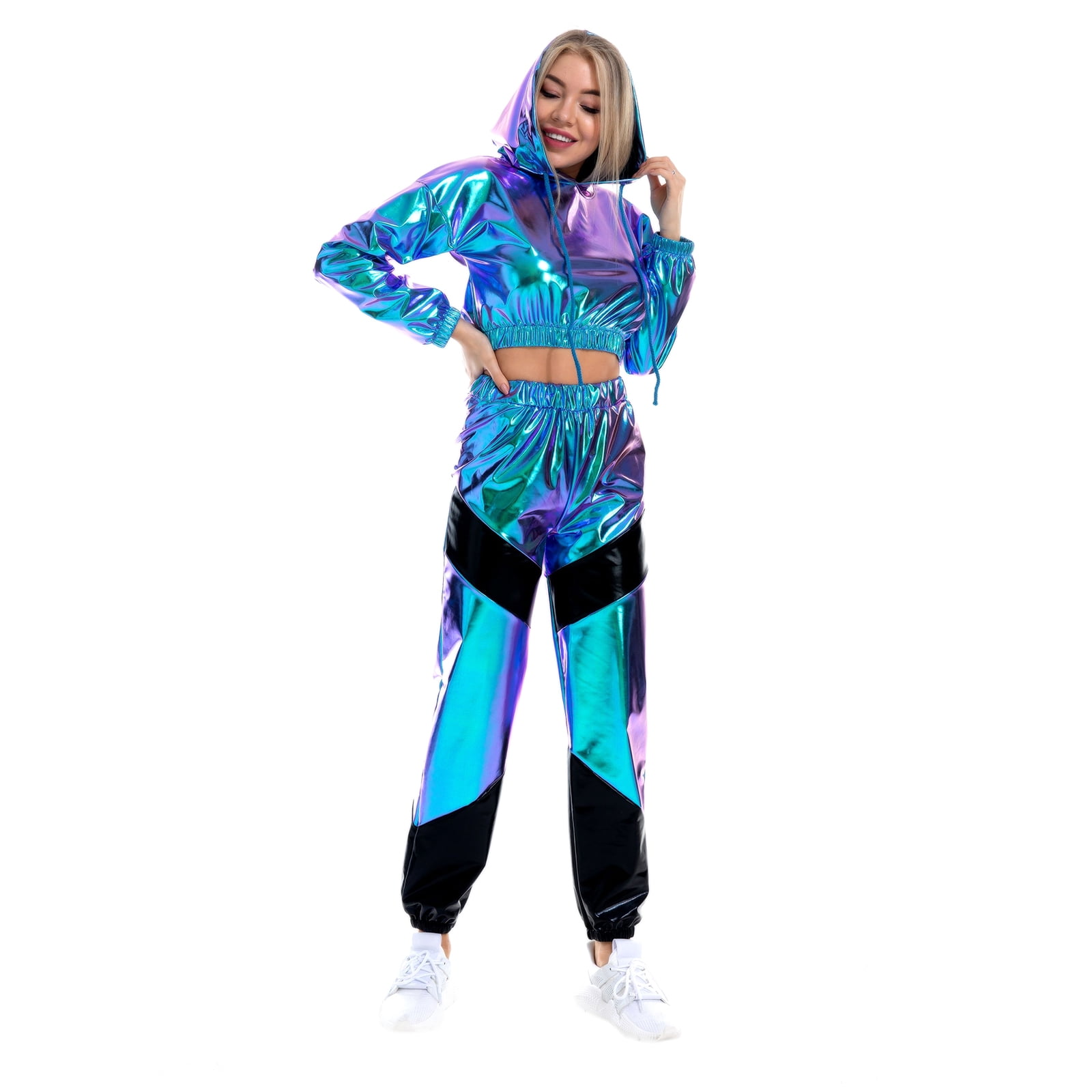 IBTOM CASTLE Women's Rave Outfit Shiny Crop Top Hoodie Casual Long Pants Hooded Workout Sweatshirt Dance Clubwear XL Holographic Blue