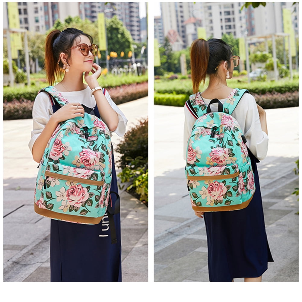 Kepooman 3Pcs Women' s Flower Prints Backpack with Lunch Box Pencil Case, Ladies Laptop School Bookbag Set for Outdoor Shopping Hiking, Green