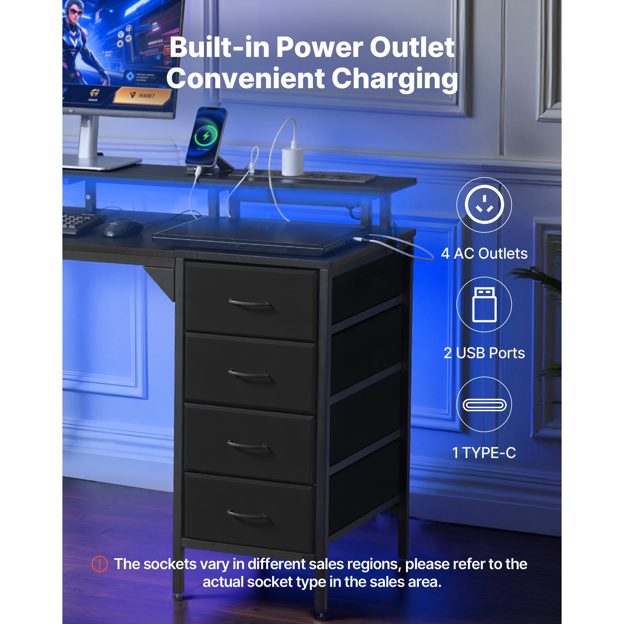 KFFKFF 47" Gaming Desk with LED Lighting & Power Outlets, Computer Desk with 4 Spacious Drawers, Monitor Riser, Black