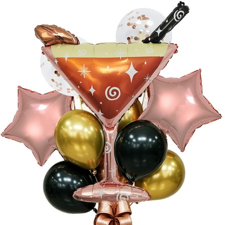 CYMYLAR Rose Gold Black Cocktail Party Balloons Kit - 15PCS Giant Martini Glass for Adult Birthday, Bachelorette, New Year's Eve Decor