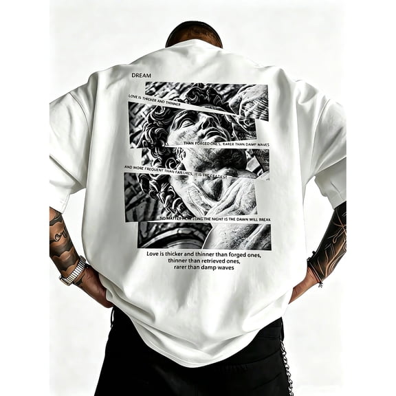 Men's David Statue Spliced Graphic T-Shirt Cotton White Short Sleeve Crewneck Oversized