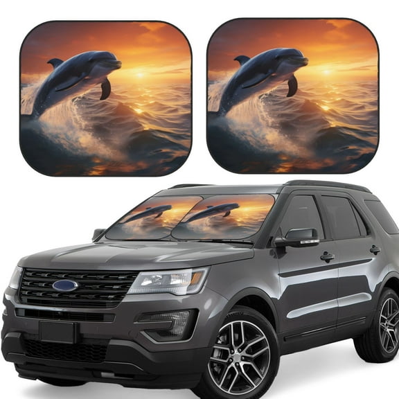 Vsdgher Sunset Dancing Dolphin Print Car Windshield Sun Shade, Reflective Sunshade Window Sunshade Sun Visor Protector Fit for Cars,Trucks,SUVs-Small