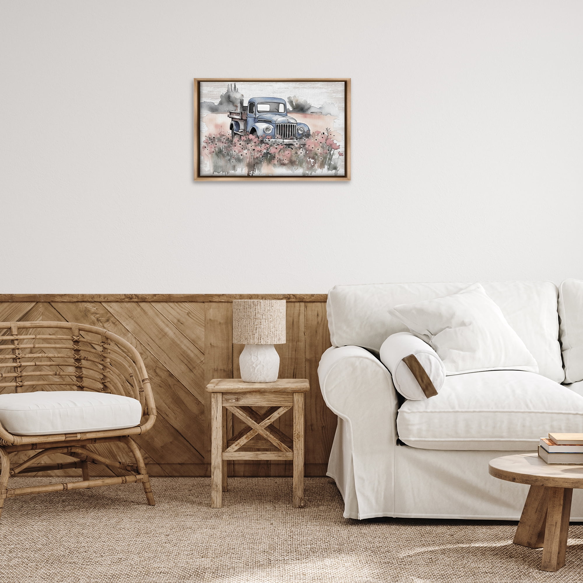 Stupell Industries Pickup in Floral Meadow Transportation Painting Brown Floater Framed Canvas Art Print Wall Art, 25 x 17