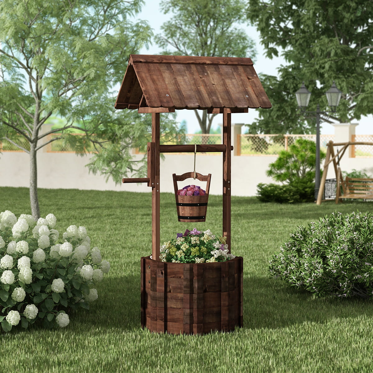 Rustic Wooden Wishing Well Planter Yard Decoration Fountain With Bucket Outdoor