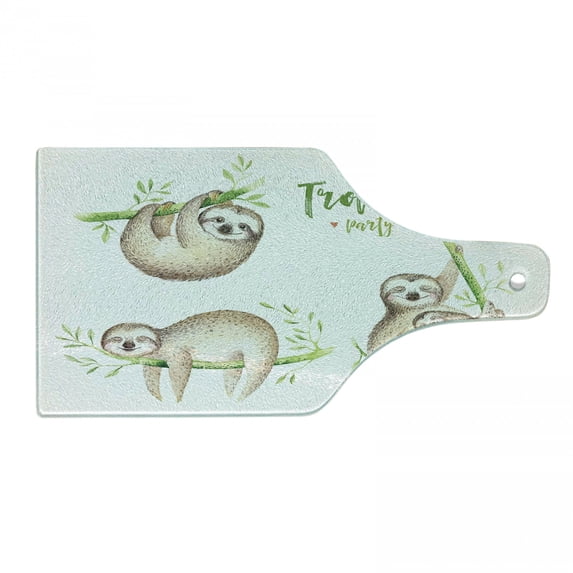 Sloth Cutting Board, in Tropical Nature Theme Exotic Palm Tree Leaves Aloha, Decorative Tempered Glass Cutting and Serving Board, Wine Bottle Shape, Pale Brown Green, by Ambesonne