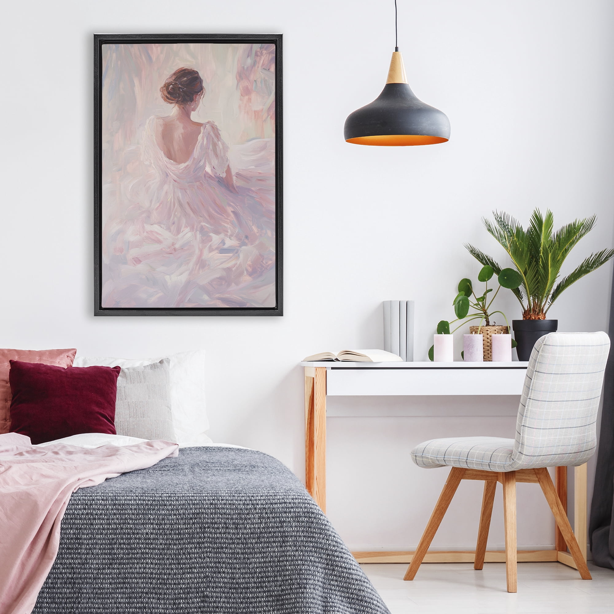 Stupell Industries Graceful Woman in Blush Gown Black Framed Floater Canvas Wall Art, design by Petal Prints Design