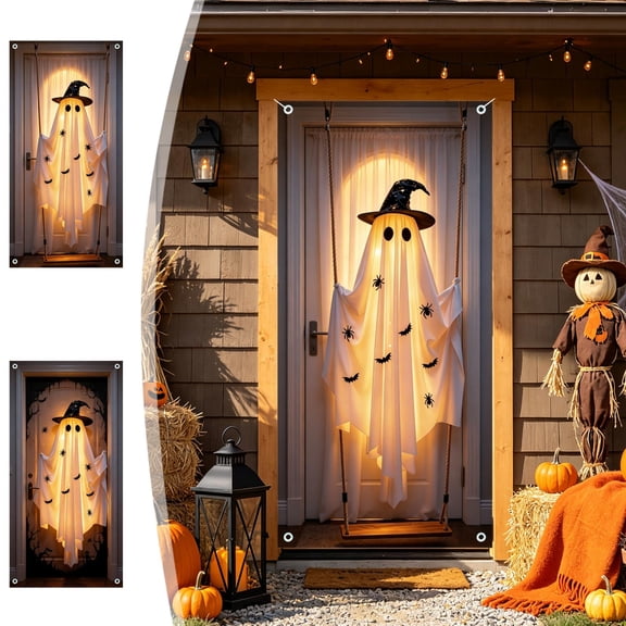 Lpmadey 70.9"x35.4" Halloween Door Cover – Hanging Ghost Swing Curtain with Witch Hat & Spiders, Fabric Door Banner Decor for Front Door, Wall & Holiday Party