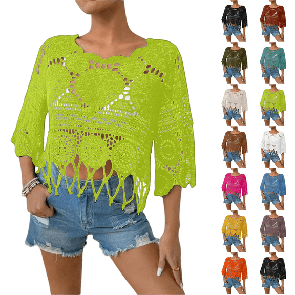 Women's Fringe Trim Sheer Beach Cover Up Boho Crochet 3/4 Sleeve Round Neck Cropped Top for Vacation Fluorescent Green S