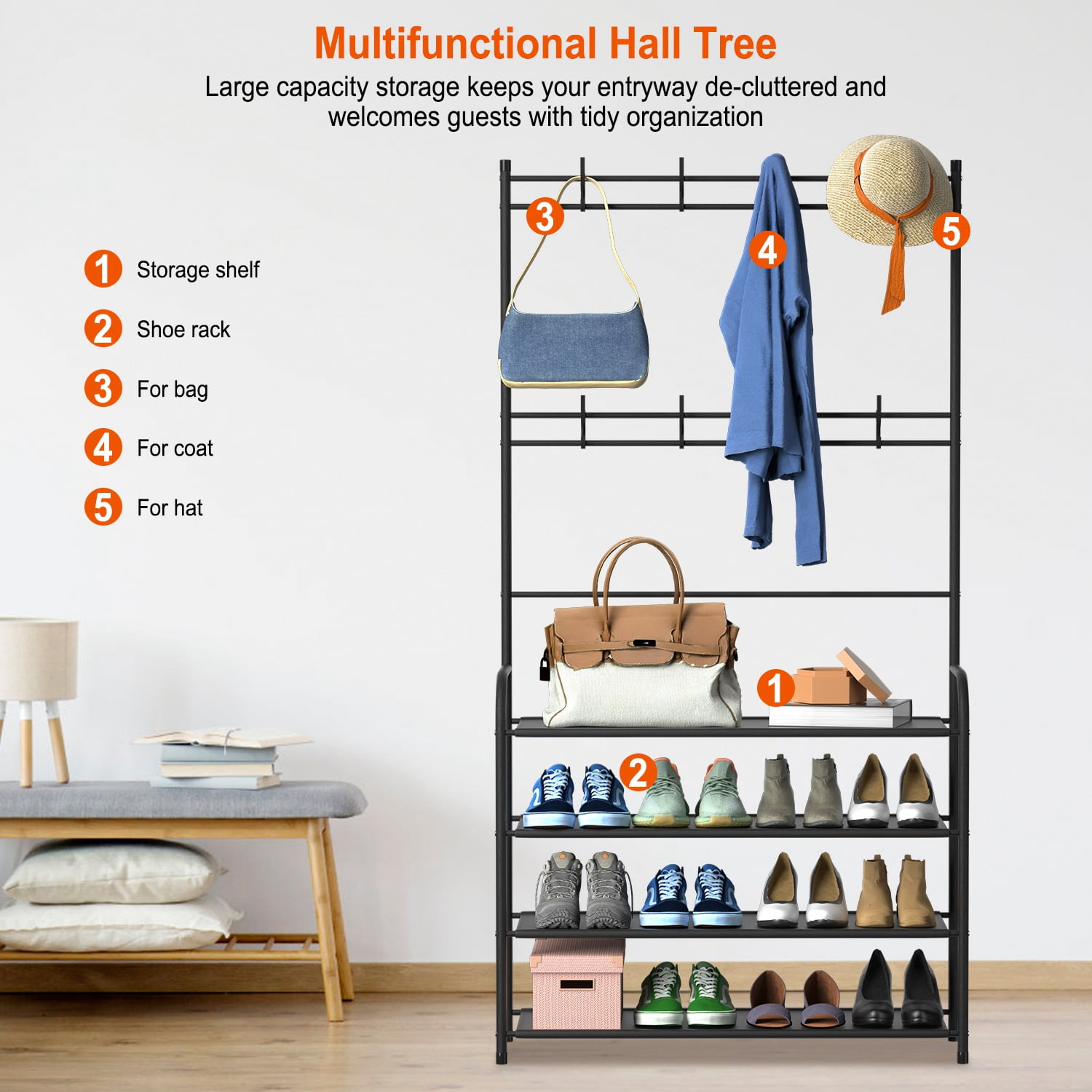 Coat Rack with Shelf Entryway Shelf with Hooks - DECOMIL