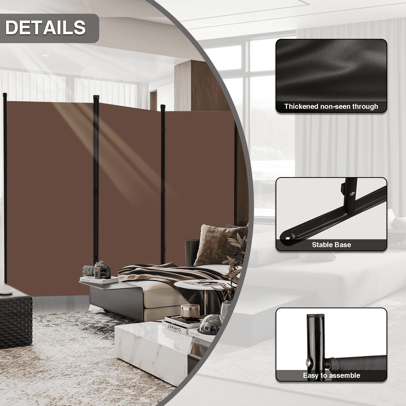 Grezjxc Three Panel Room Divider, 71"x 99" Thickened Fabric Partition for Bedroom, Brown