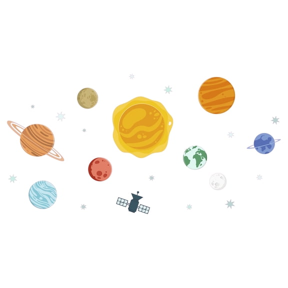 Easy To Apply Adhesive 10" x 20" Multicolored Solar System Wall Decoration Sun Stars Planets Moon Satellite Images Design Removable Vinyl Home Kids Bedroom Wall Decal Sticker