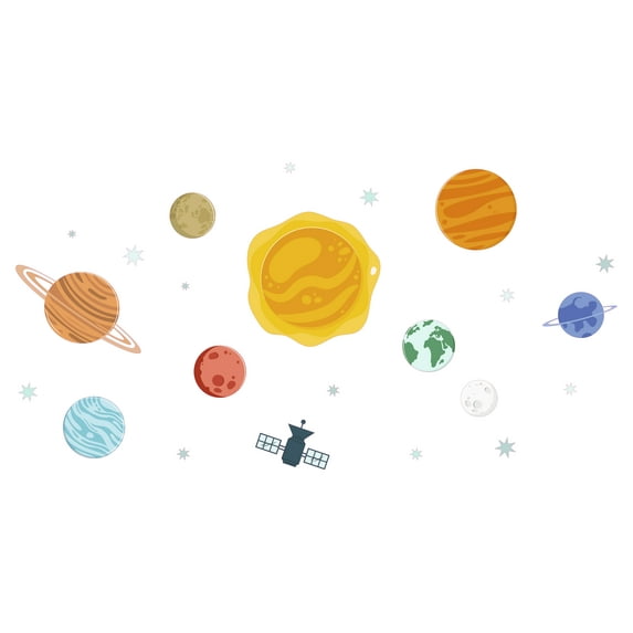 Easy To Apply Adhesive 20" x 30" Multicolored Solar System Wall Decoration Sun Stars Planets Moon Satellite Images Design Removable Vinyl Home Kids Bedroom Wall Decal Sticker