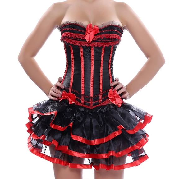 Grebrafan Women Gothic Red Striped Corset and Black Skirt with Red Trim Set S