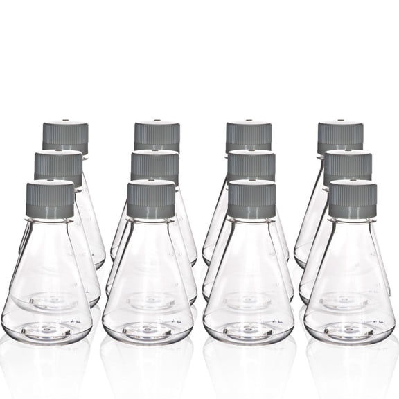 Eisco - Pack of 12, 250mL Sterile PETG Erlenmeyer Flasks, Non-Vented, Flat Bottom, Lab-Grade, Gamma Sterilized, USP Class VI, Ideal for Cell Culture, Biopharmaceutical Processing, Chemical Storage