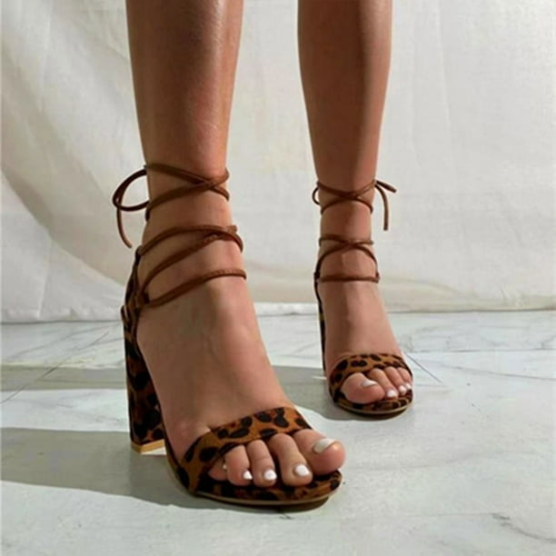 XZNGL Womens Chunky High Heels Shoes Summer Sexy Leopard print Strappy Sandals Casual Slippers Walmart