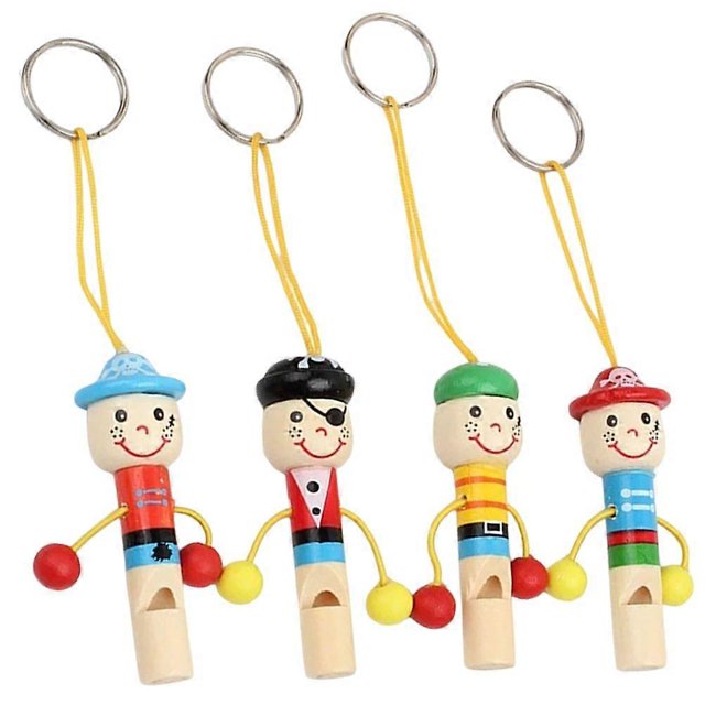 4Pcs Cartoon Wooden Pirate Whistles Pirate Whistle Keychains Noisemaker Toys