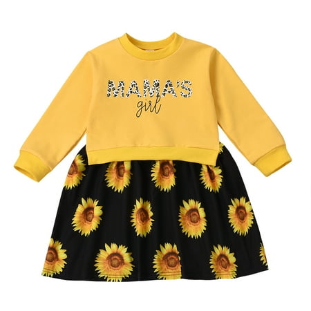 

Girl One-piece Patchwork Sweater Dress Long Sleeve Pullover Sweater Top with Sunflower Printed Skirt Hem Casual Dress