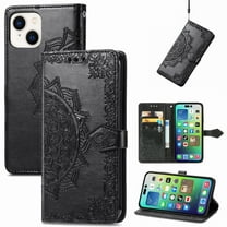 Dteck for Apple iPhone 15 Wallet Case with Card Holder,Shockproof PU Leather Kickstand Card Slots Case,Embossed Floral Cover with Hand Strap for iPhone 15,Black